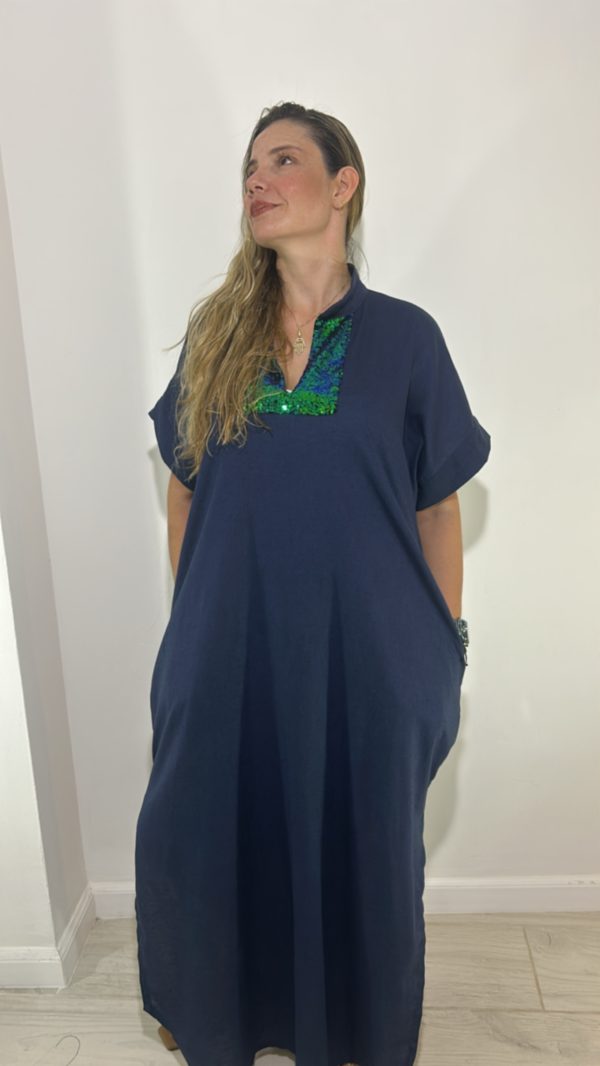 Blusón en Lino Azul Cuello en Lentejuela