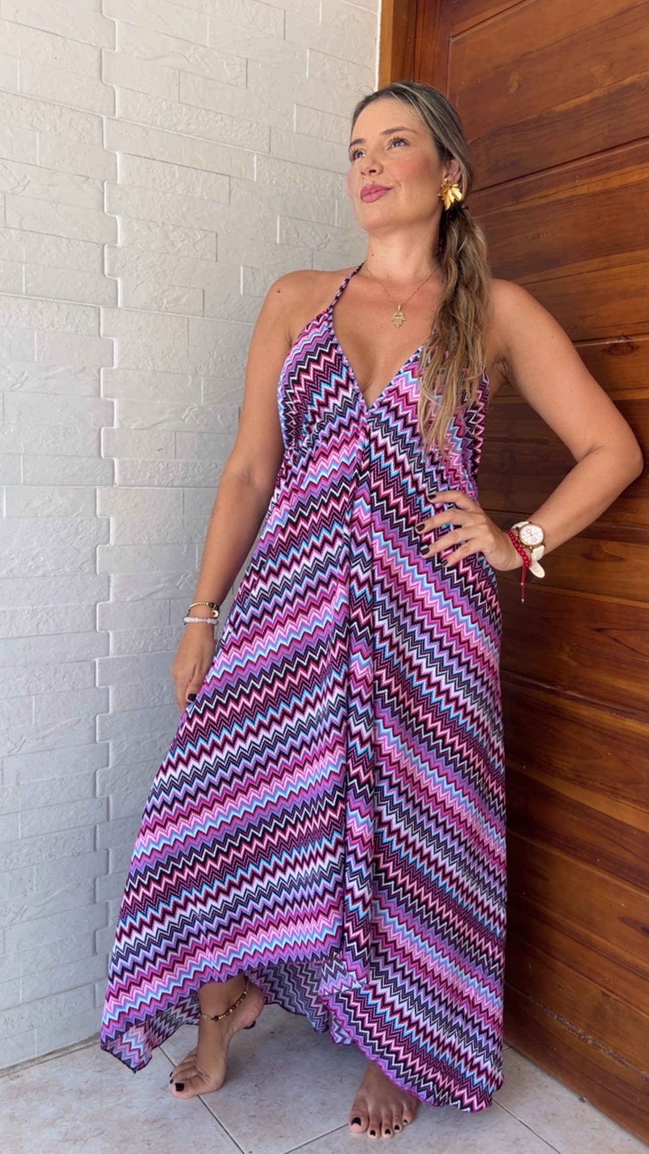 Vestido Playero en Chalis Rayon Estampado zig zag