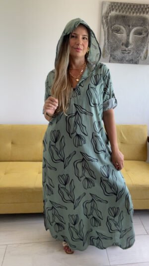 Bluson En Lino con Capota Verde Estampado