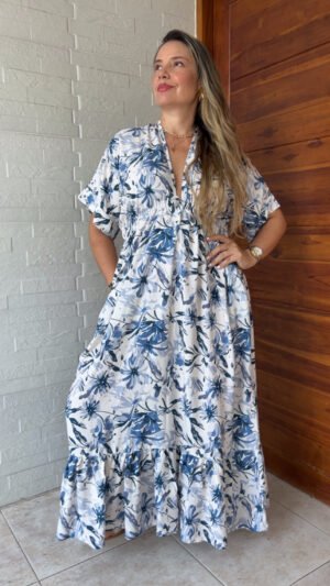 Vestido Boho Flores Azules