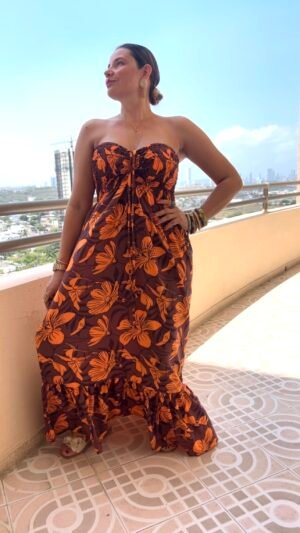 Vestido Enresortado en Seda Estampado Naranja