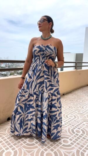 Vestido Enresortado en Seda Estampado Azul