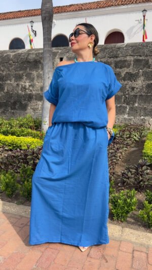 Set Camisa y Falda en Lino Azul